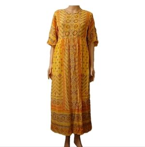 LABEL RITU KUMARI Bohemian Yellow Maxi Dress SZ L 3/4 Sleves